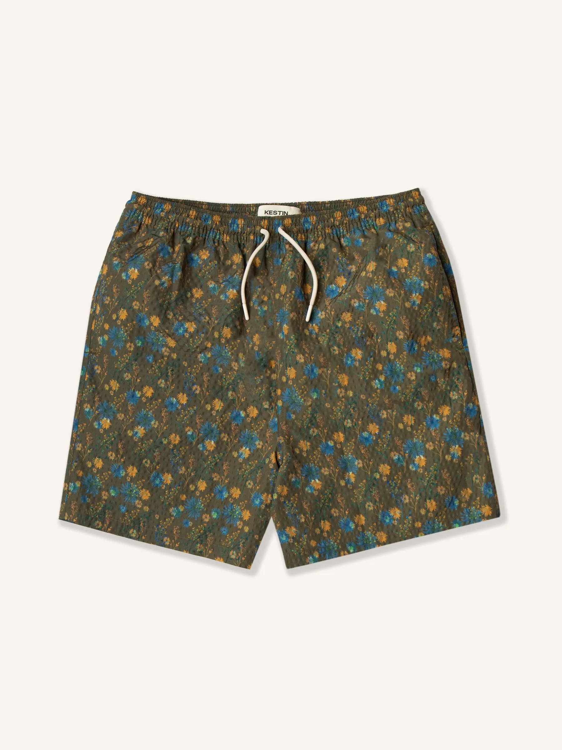 Seacliff Swim Short in Olive Thistle Print SEAQUAL® Yarn sold by Kestin