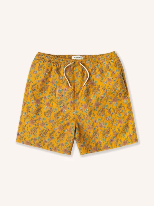 Seacliff Swim Short in Ochre Thistle Print SEAQUAL® Yarn sold by Kestin