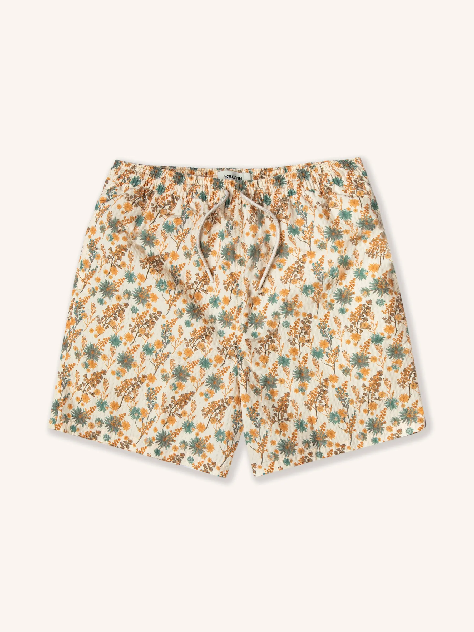 Seacliff Swim Short in Ecru Thistle Print SEAQUAL® Yarn sold by Kestin