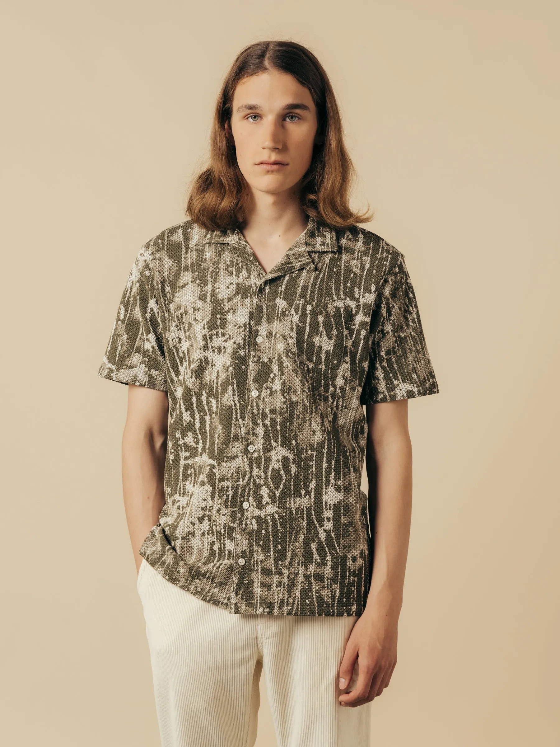 Crammond Shirt in Olive / Ecru Camo Jacquard sold by Kestin product image thumbnail 3