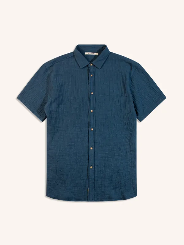 Aberlady Shirt in Navy Textured Cotton sold by Kestin