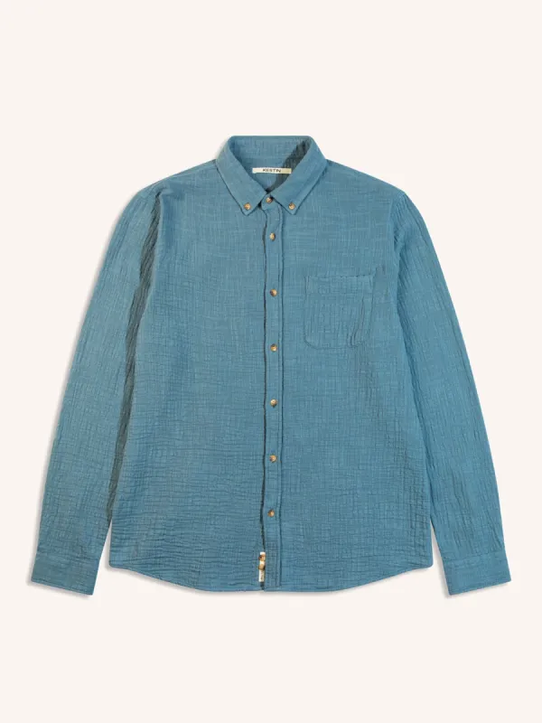 Raeburn Button Down Shirt in French Blue Textured Cotton made by Kestin