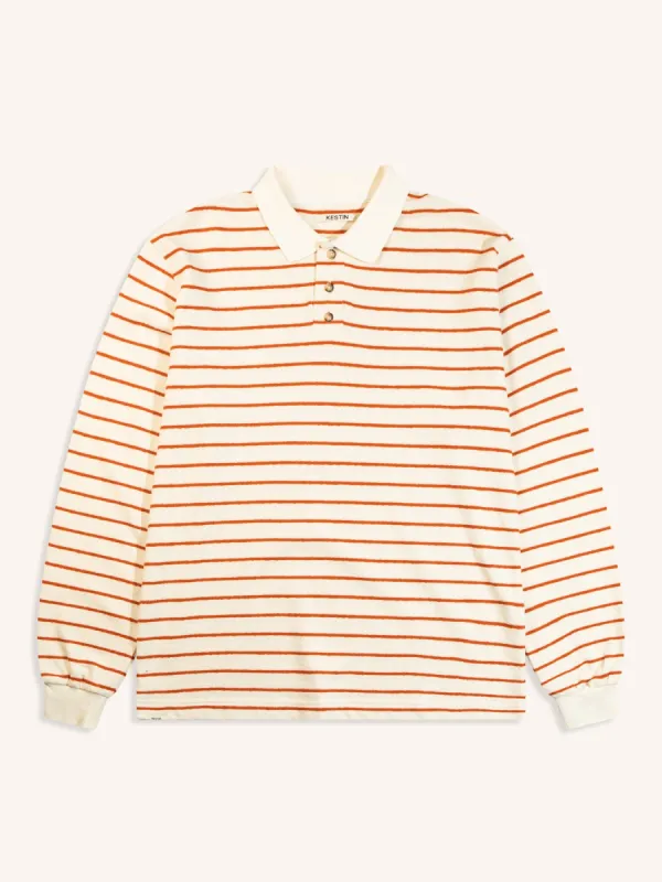 Loch Bay Polo in Ecru / Tangerine Textured Stripe made by Kestin