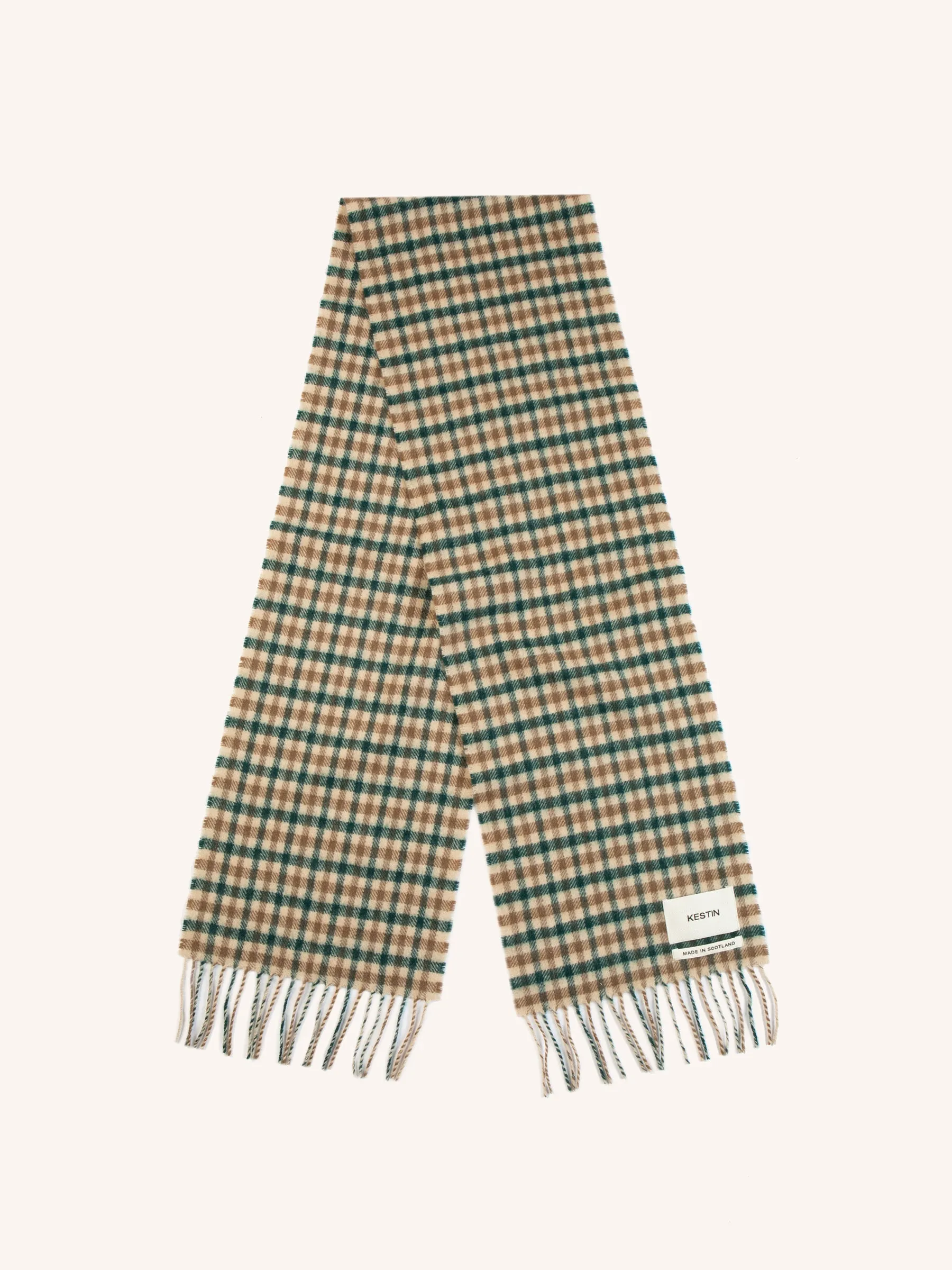 Selkirk Scarf in Pine / Tan Check Lambswool sold by Kestin