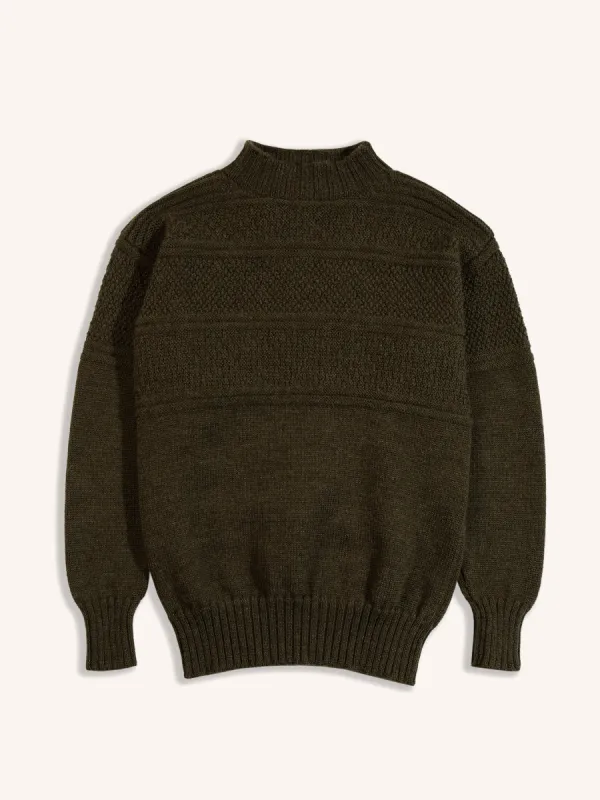 Fife Gansey Knit in Dark Olive Merino Wool made by Kestin