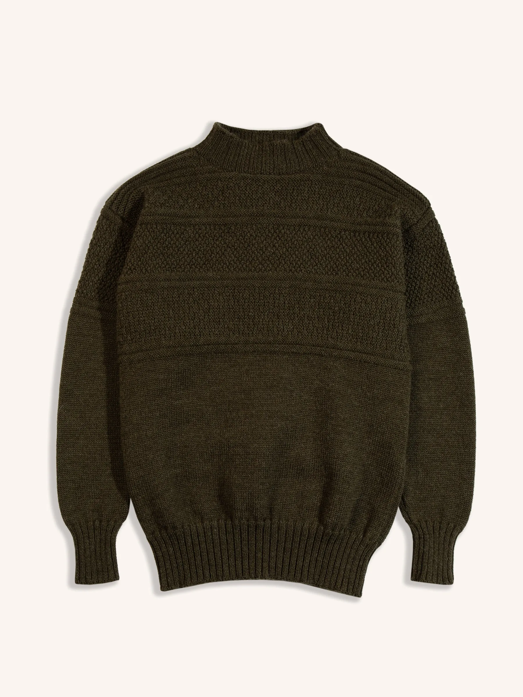 Fife Gansey Knit in Dark Olive Merino Wool sold by Kestin
