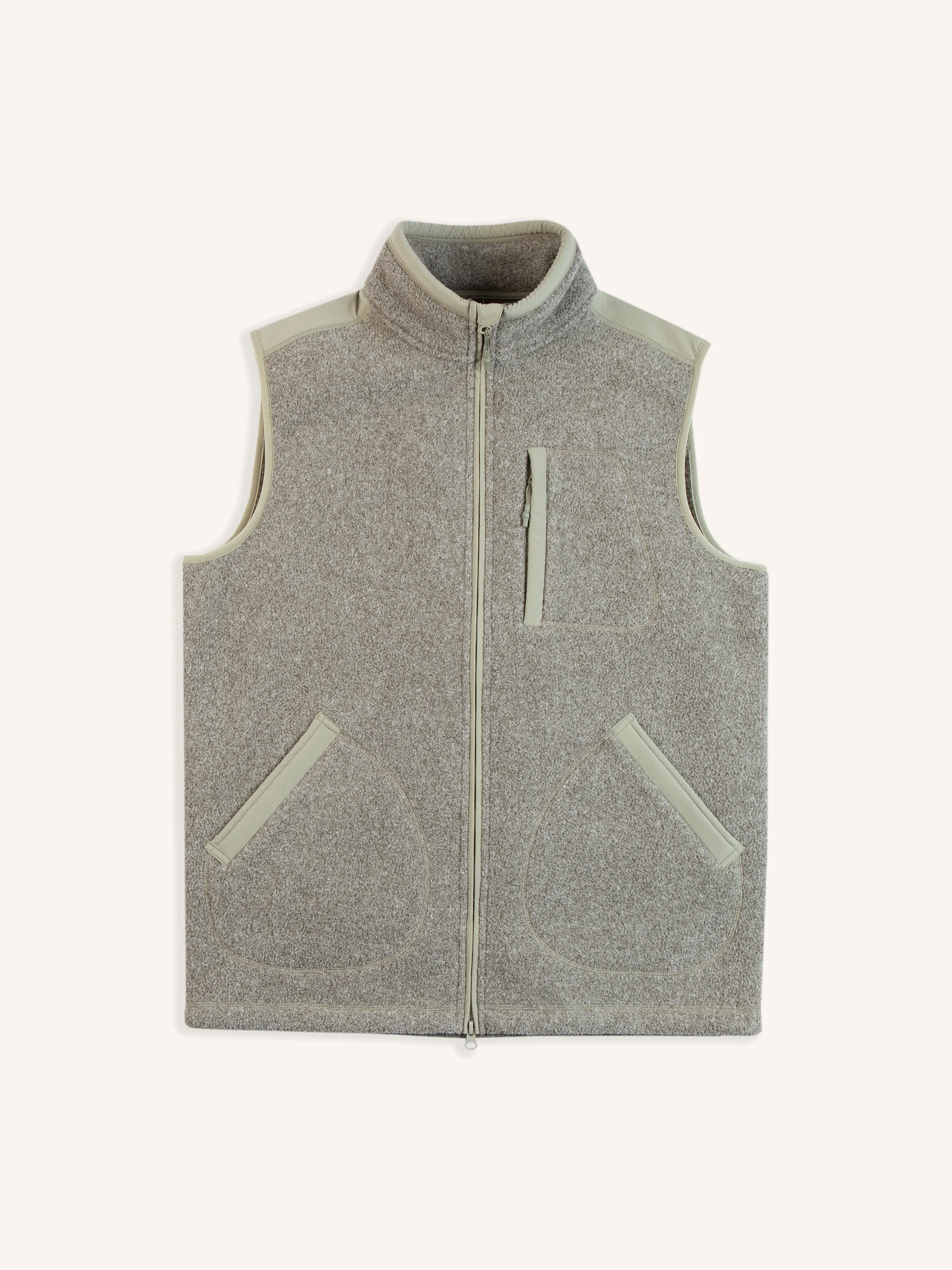 Glenmore Fleece Vest in Recycled Light Olive Marl sold by Kestin