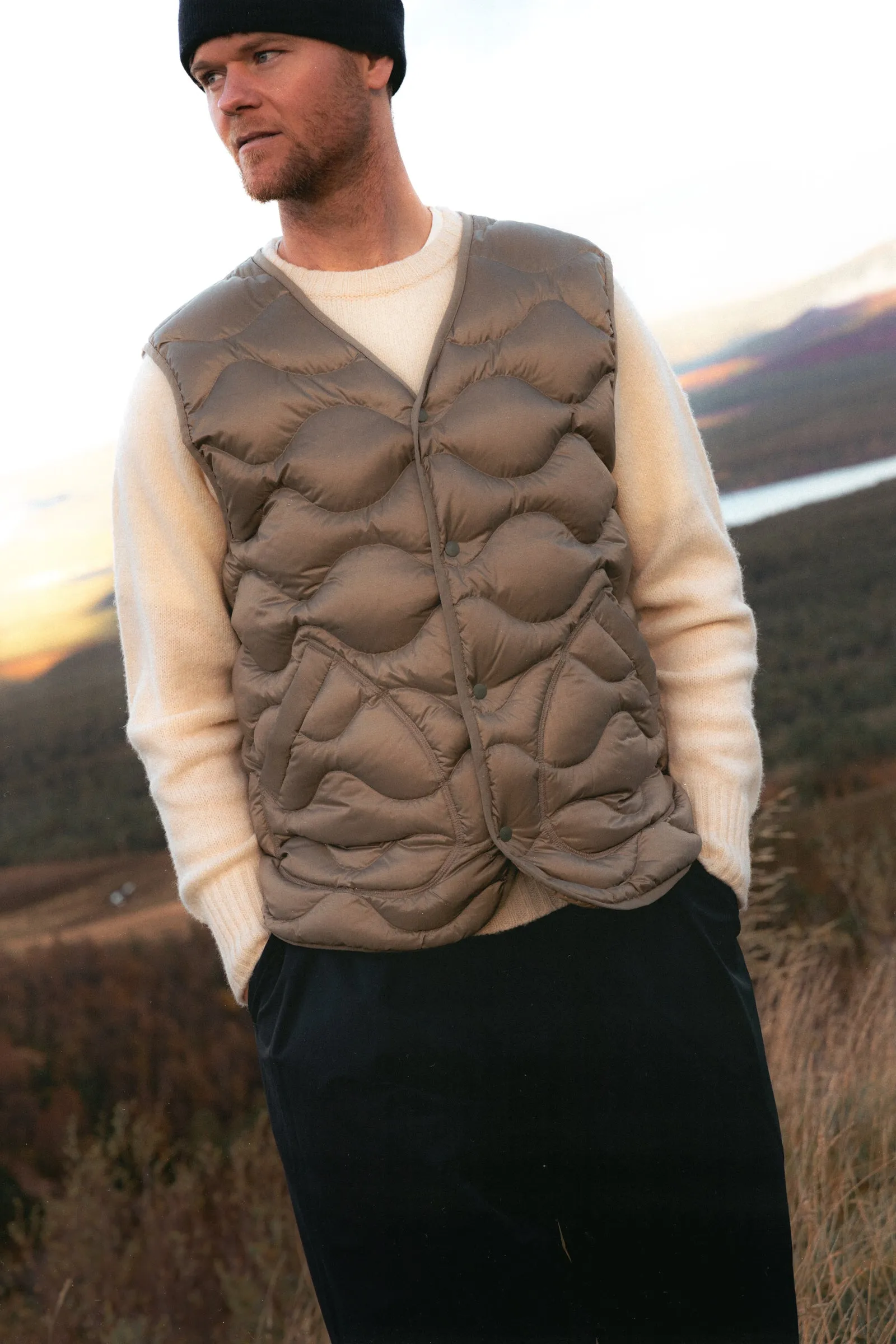 Cuillin Down Vest in Light Olive Recycled Ripstop sold by Kestin product image thumbnail 2