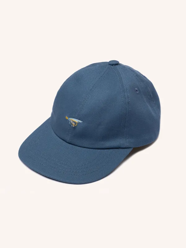Leuchars Cap in Slate Blue Twill with Fly Embroidery made by Kestin