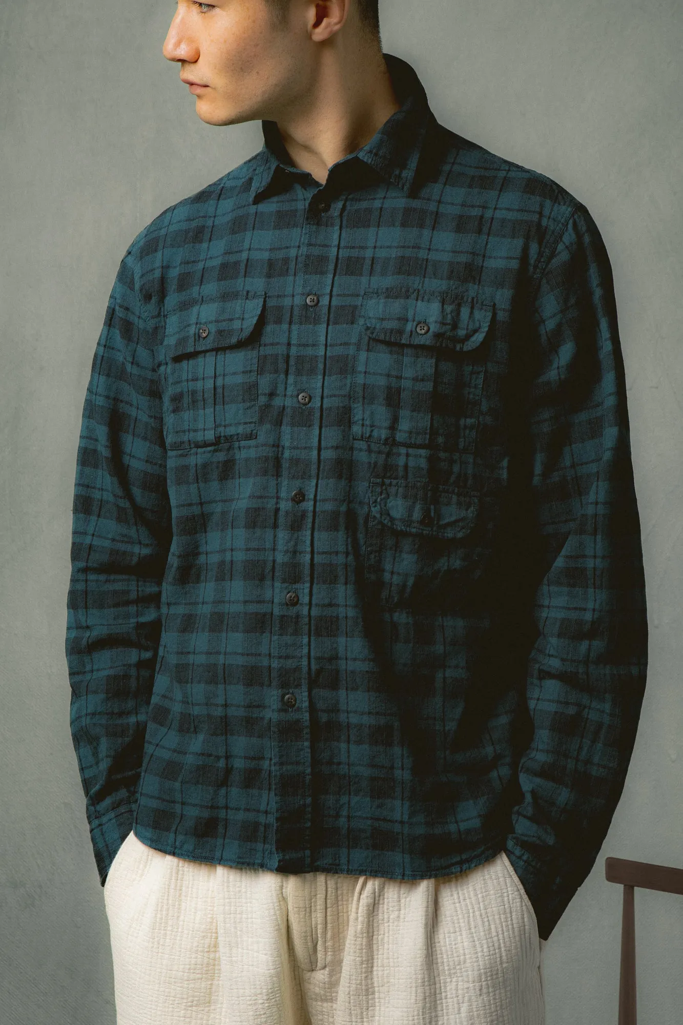 Kinnaird Shirt in Petrol Blue Linen Check sold by Kestin product image thumbnail 2
