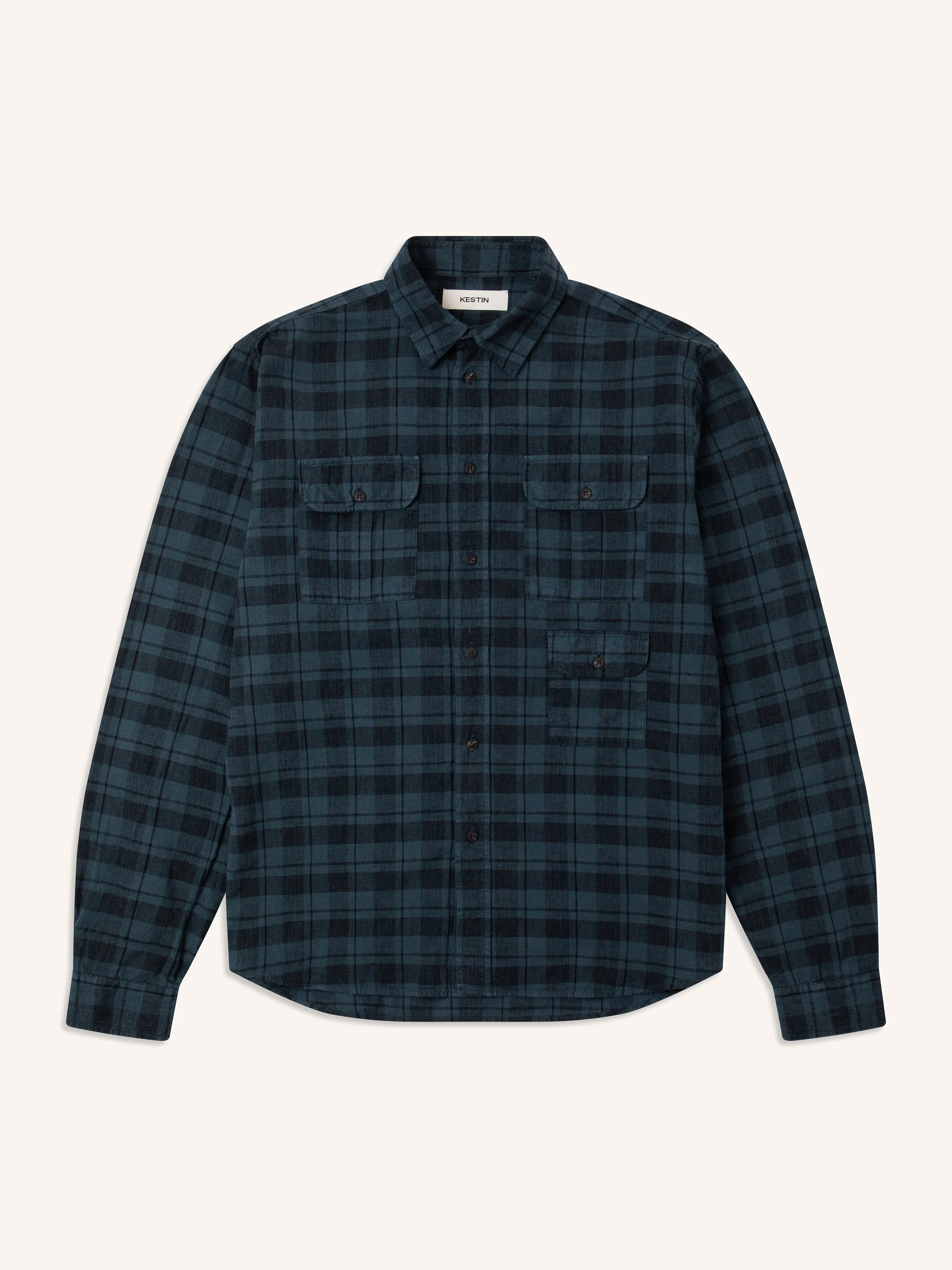 Kinnaird Shirt in Petrol Blue Linen Check sold by Kestin