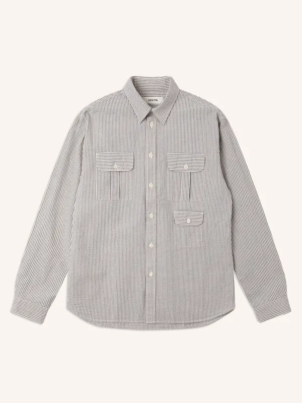 Kinnaird Shirt in Ecru / Blue Stripe Seersucker sold by Kestin