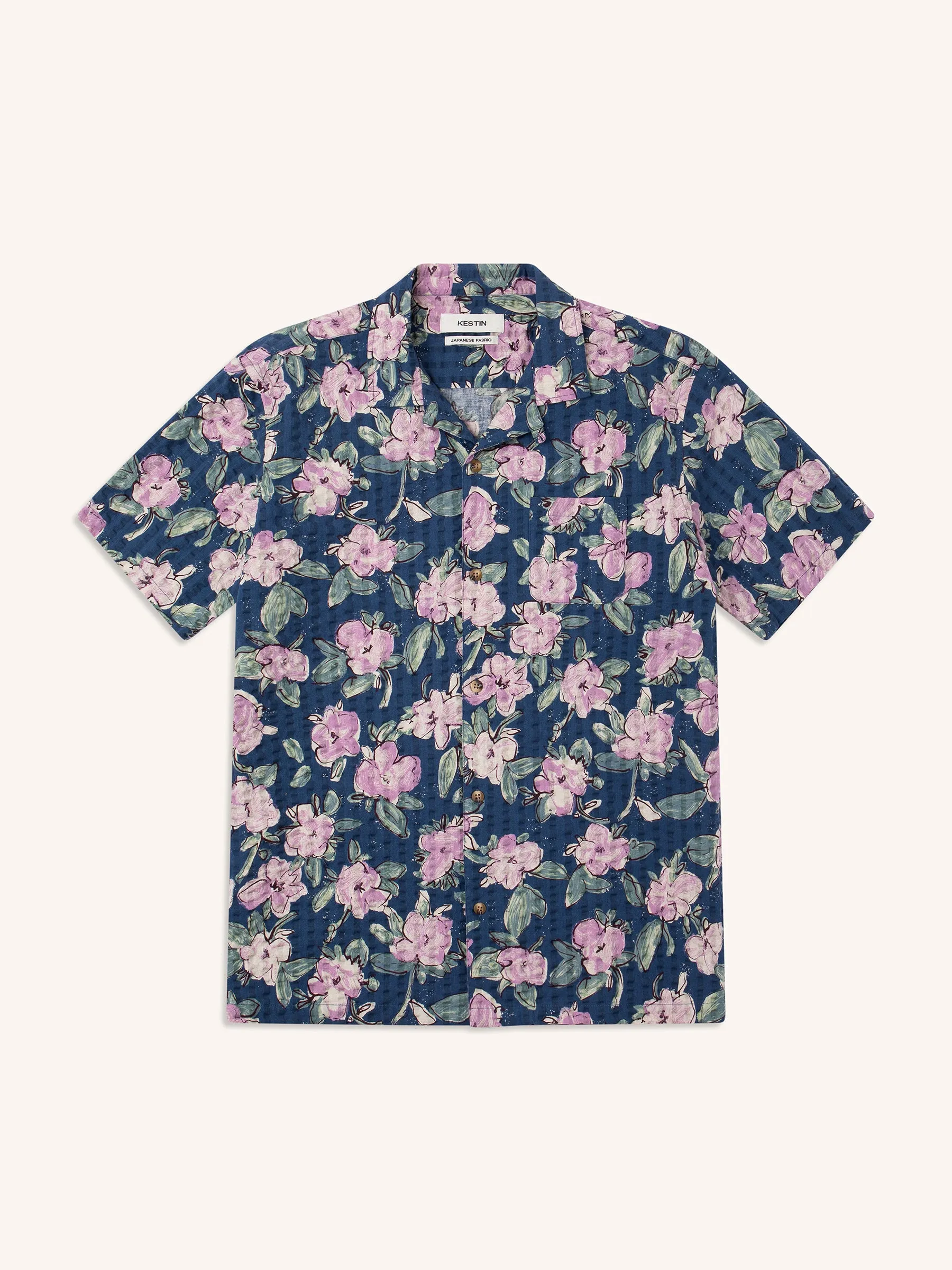 Cramond Shirt in Blue / Lilac Floral Seersucker sold by Kestin