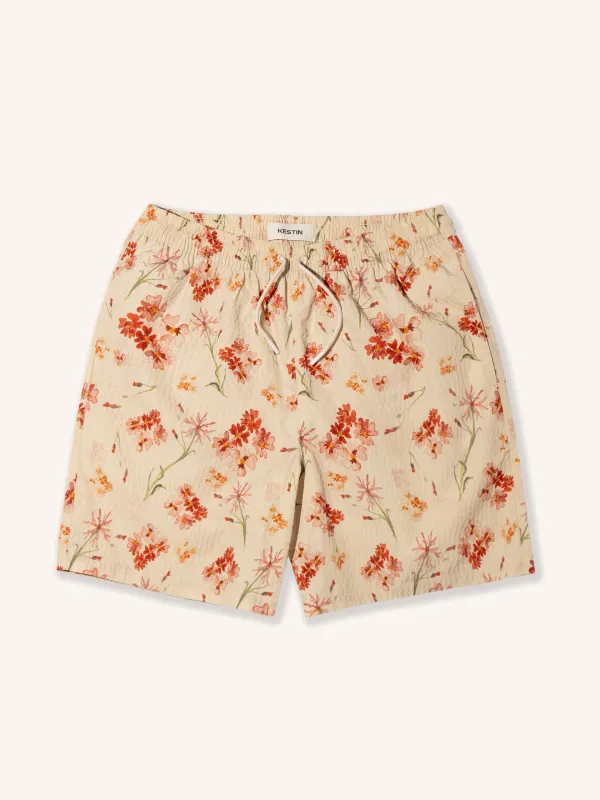 Seacliff Swim Shorts in Ecru Floral SEAQUAL® Yarn made by Kestin