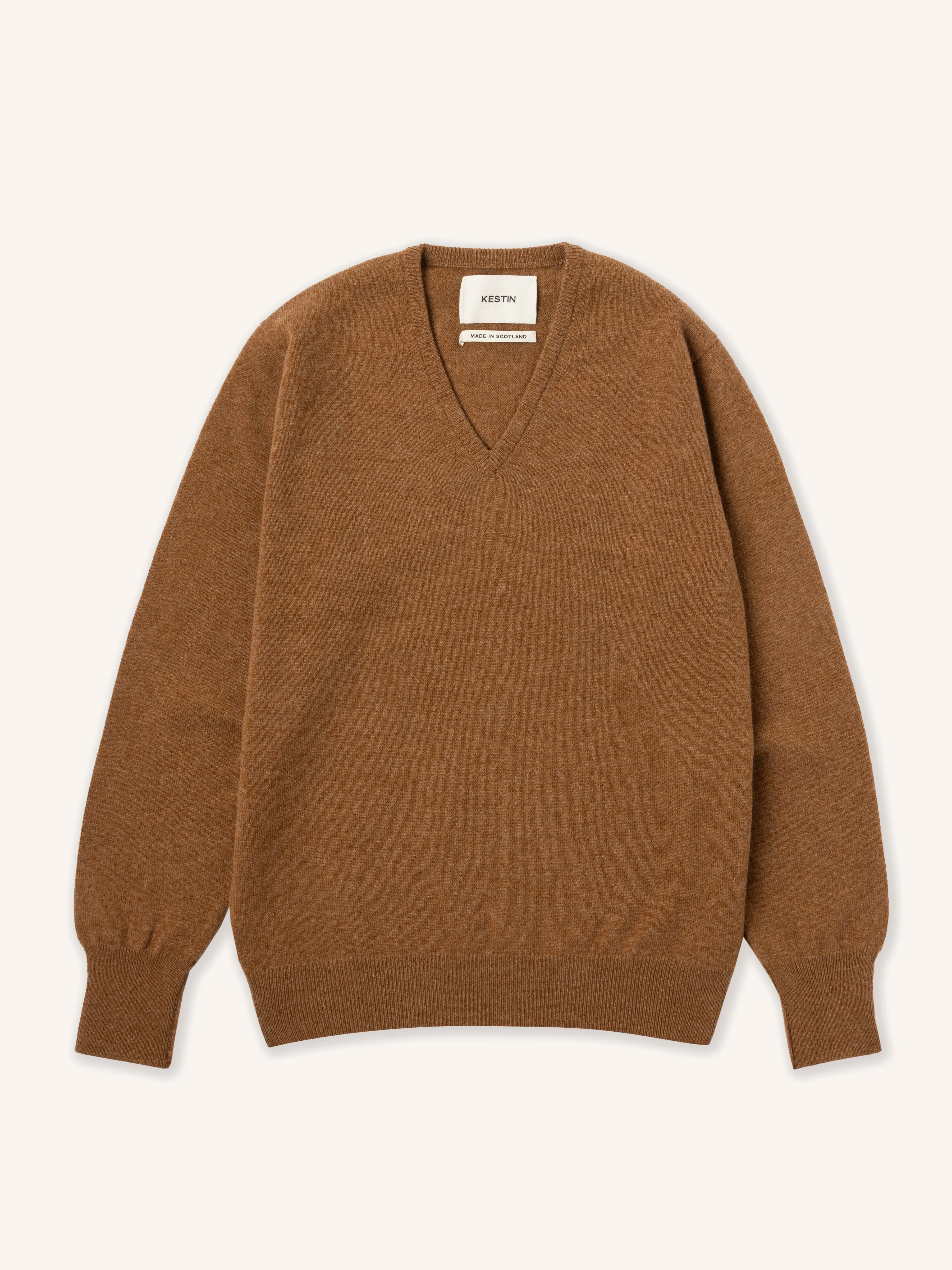 Fine Gauge V-Neck in Fawn Lambswool sold by Kestin