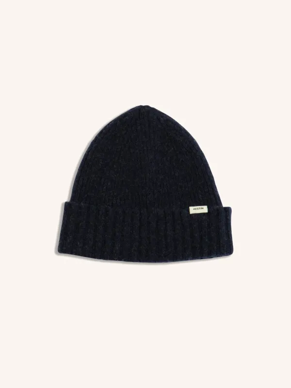Balloch Beanie in Dark Navy Brushed Lambswool sold by Kestin