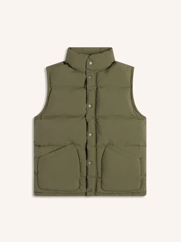 Pathhead Puffer Vest in Dark Olive Recycled Nylon sold by Kestin