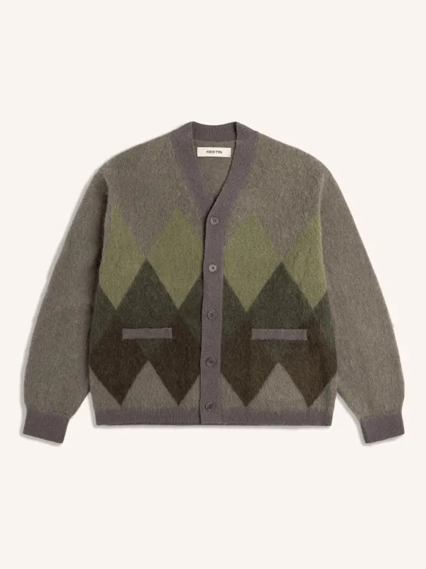 Muirfield Argyle Cardigan in Olive Brushed Mohair made by Kestin