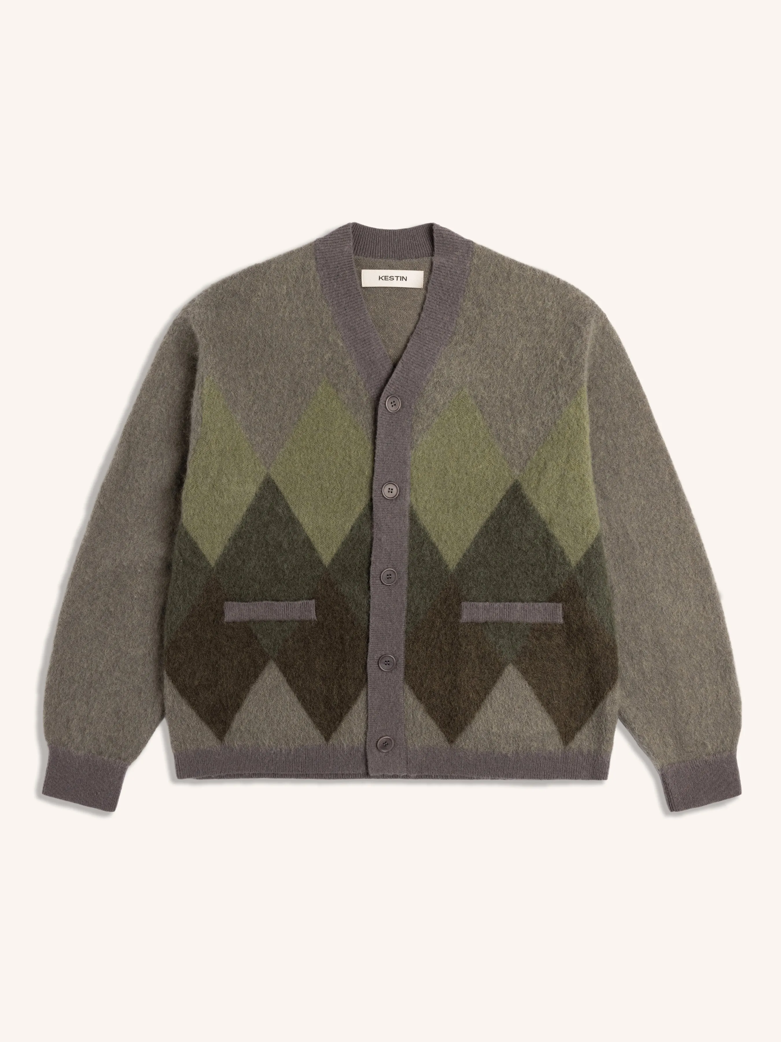 Muirfield Argyle Cardigan in Olive Brushed Mohair sold by Kestin