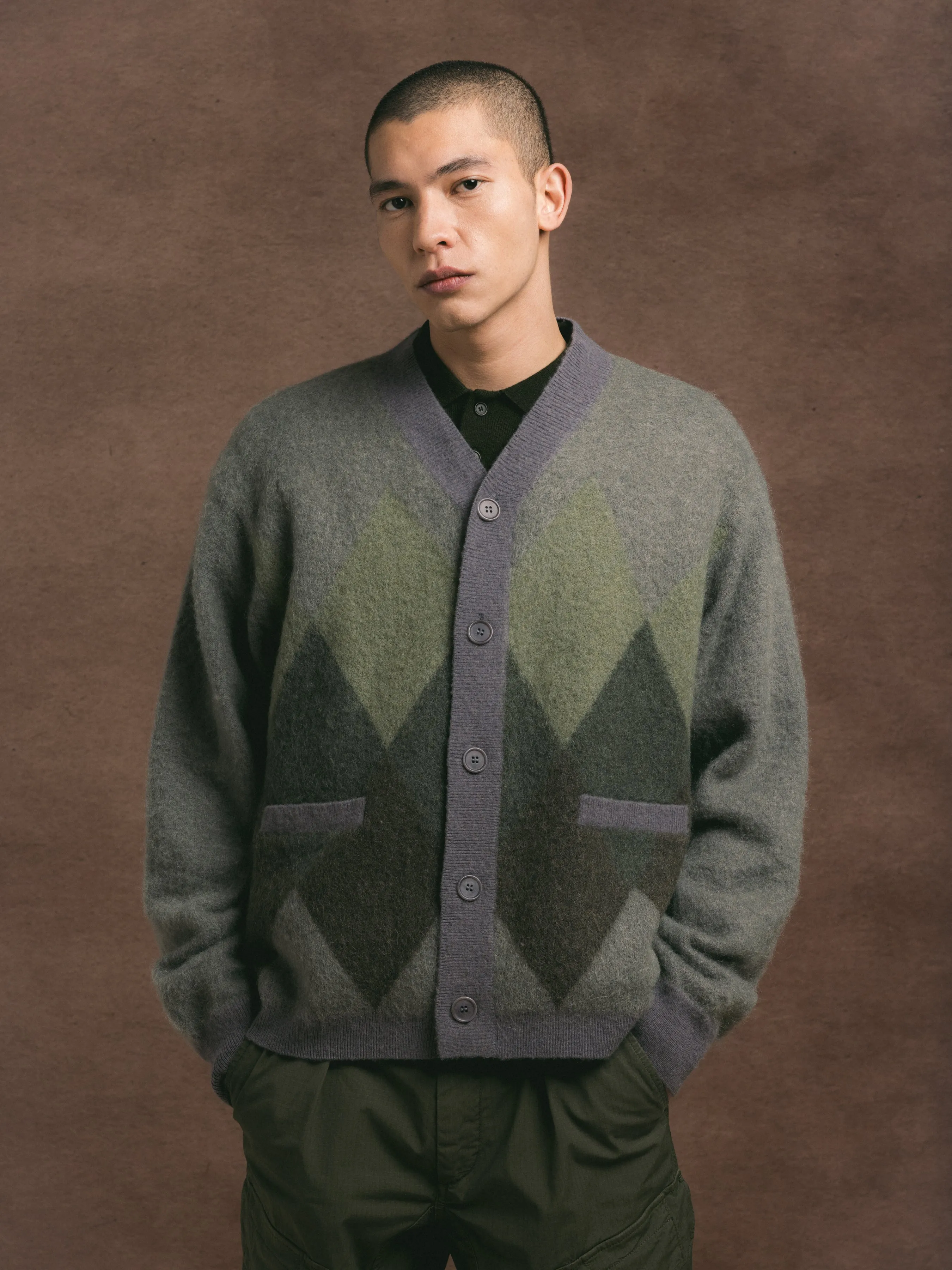Muirfield Argyle Cardigan in Olive Brushed Mohair sold by Kestin product image thumbnail 3