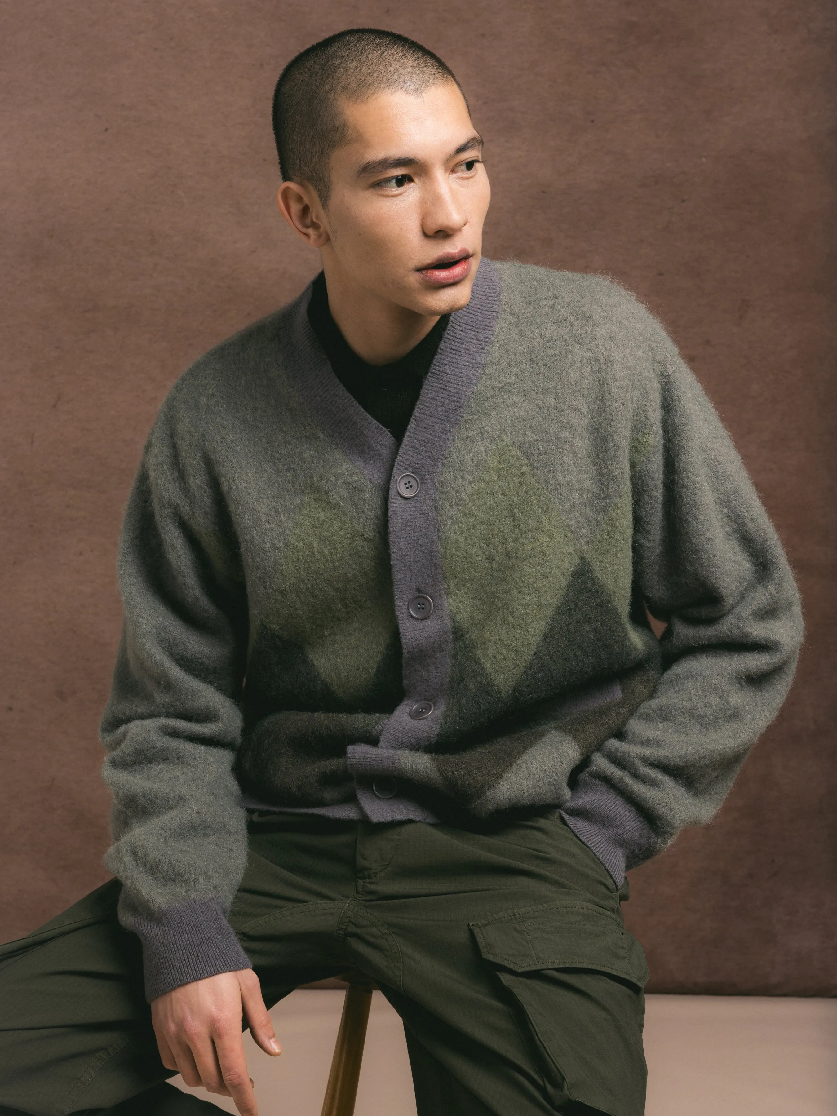 Muirfield Argyle Cardigan in Olive Brushed Mohair sold by Kestin product image thumbnail 4