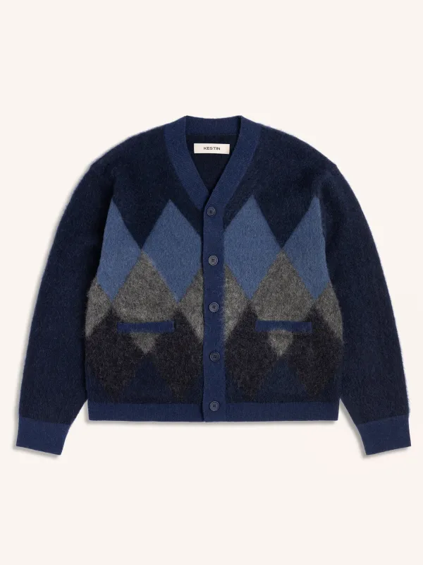 Muirfield Argyle Cardigan in Navy Brushed Mohair made by Kestin