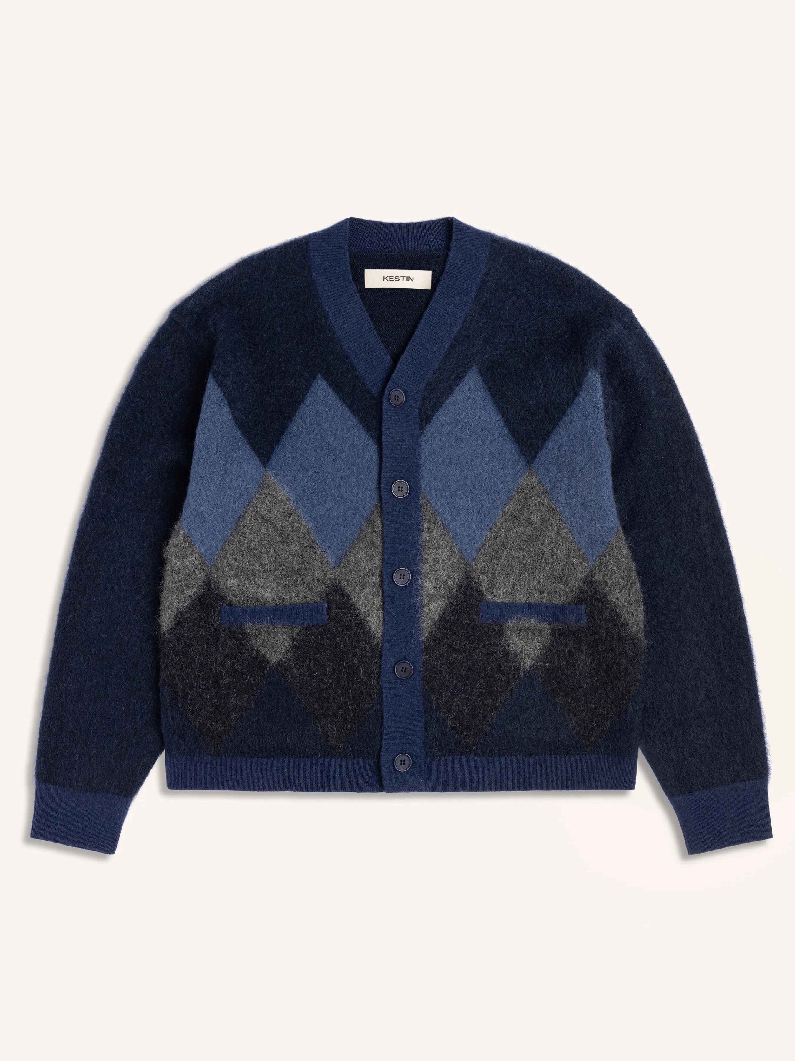 Muirfield Argyle Cardigan in Navy Brushed Mohair sold by Kestin