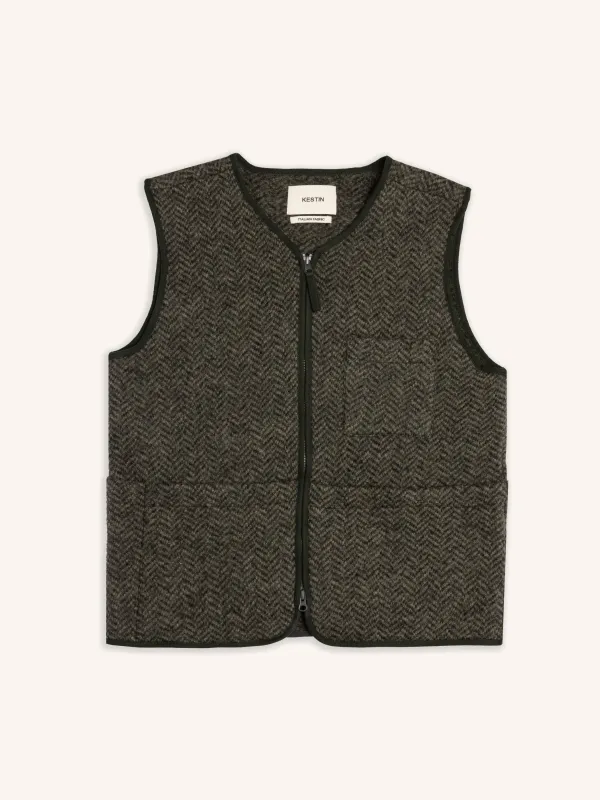 Bute Vest in Moss Wool Herringbone sold by Kestin