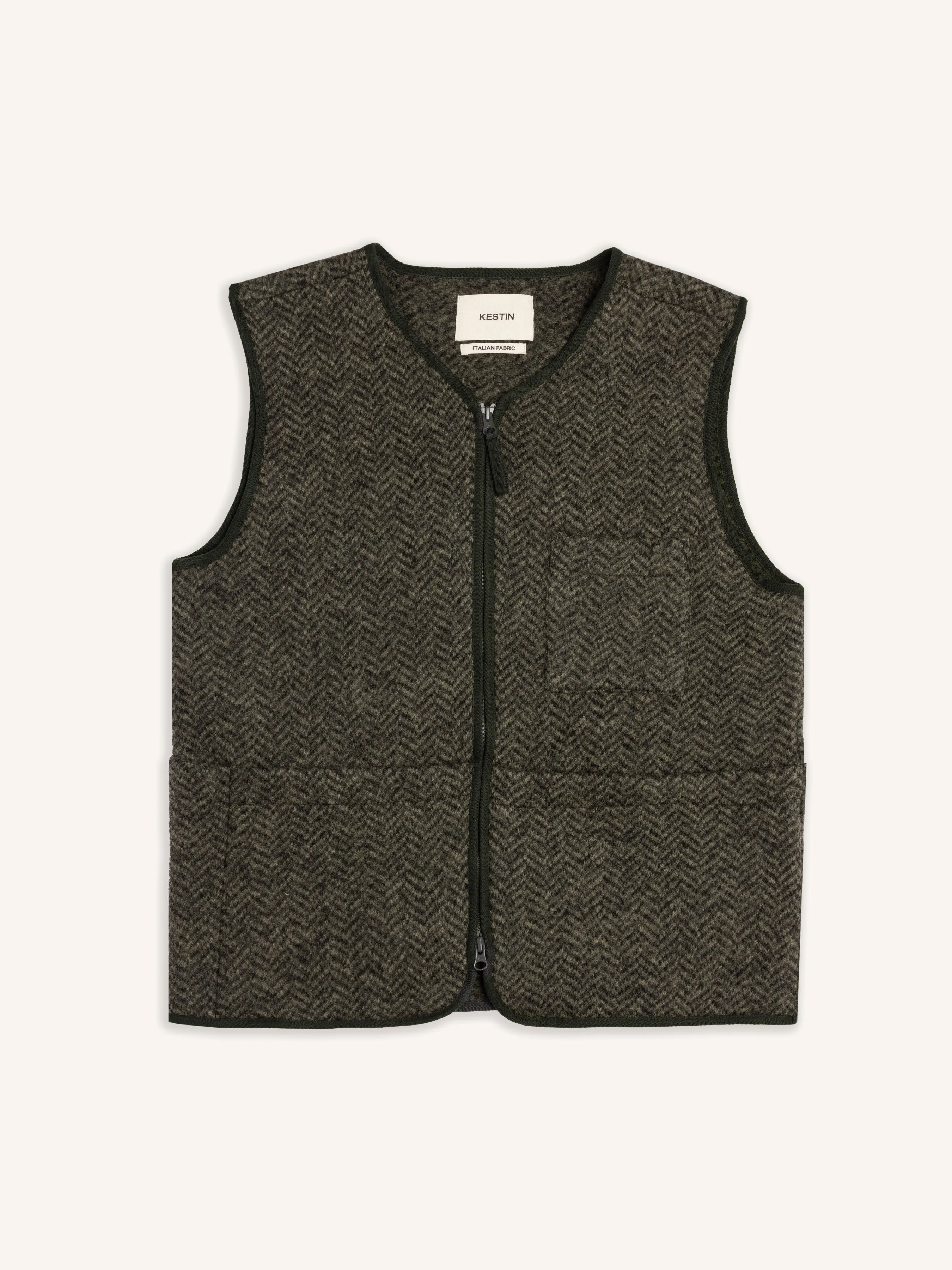 Bute Vest in Moss Wool Herringbone sold by Kestin