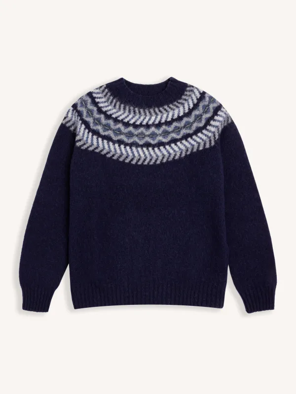 Yoke Fairisle Crew in Navy Brushed Pure Wool sold by Kestin