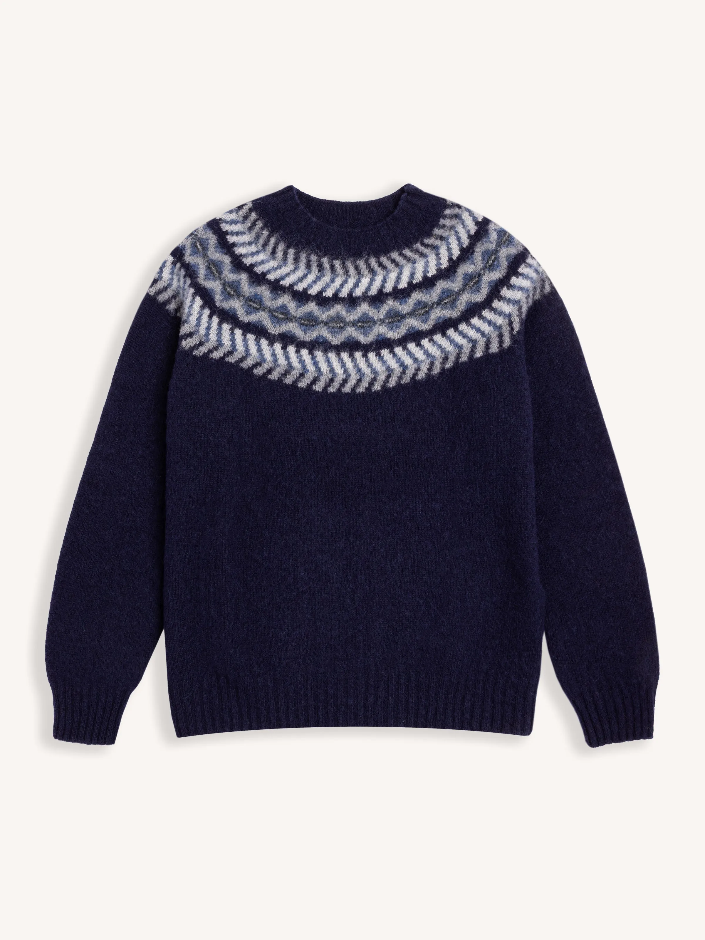Yoke Fairisle Crew in Navy Brushed Pure Wool sold by Kestin