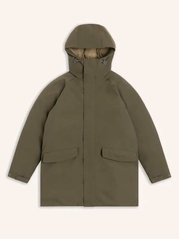 Gullane Storm Parka in Olive Recycled Nylon sold by Kestin