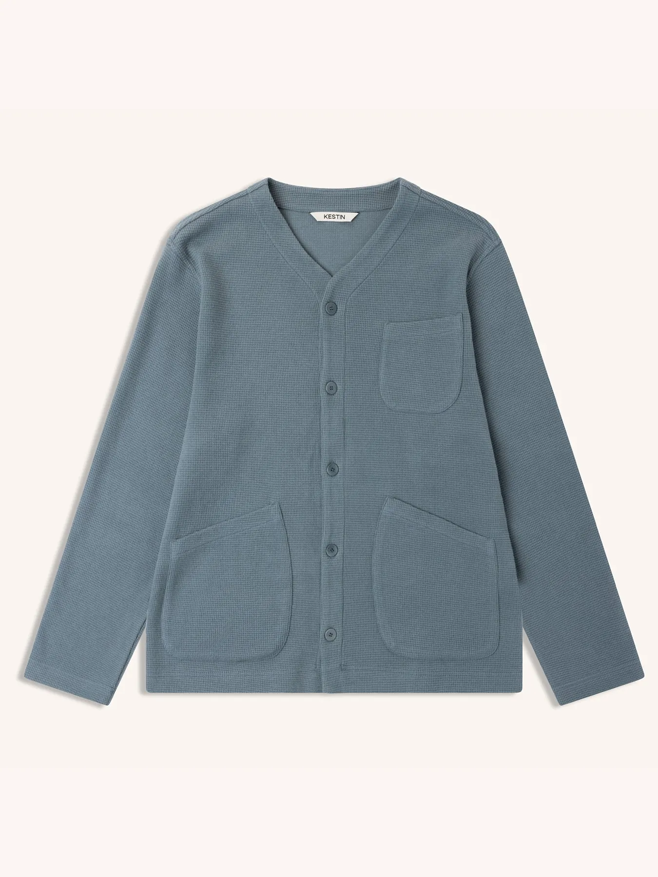 Dunvegan Cardigan in Dusty Blue Brushed Waffle sold by Kestin