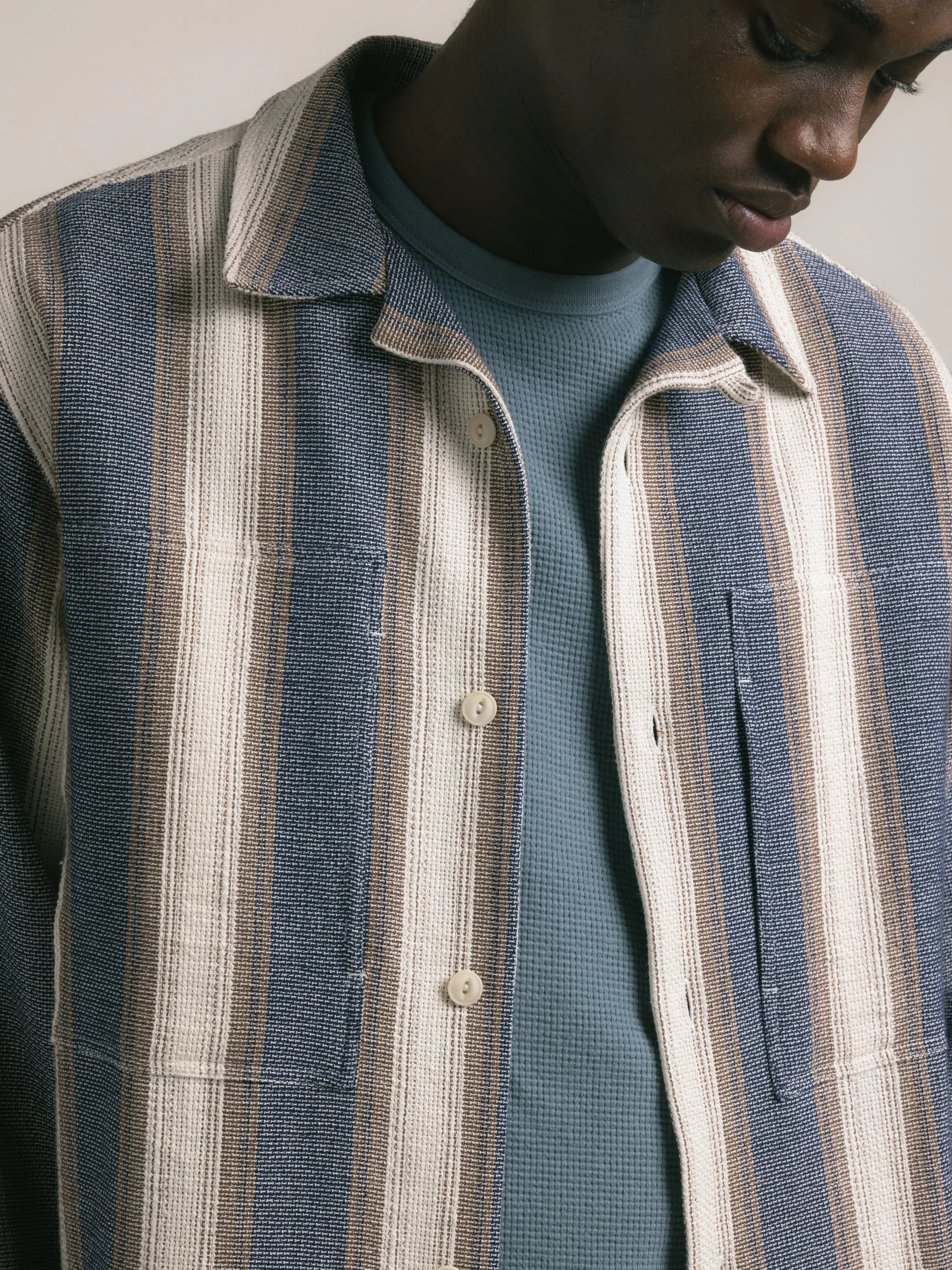 Durno Overshirt in Navy / Brown Stripe Open Weave Cotton sold by Kestin product image thumbnail 3