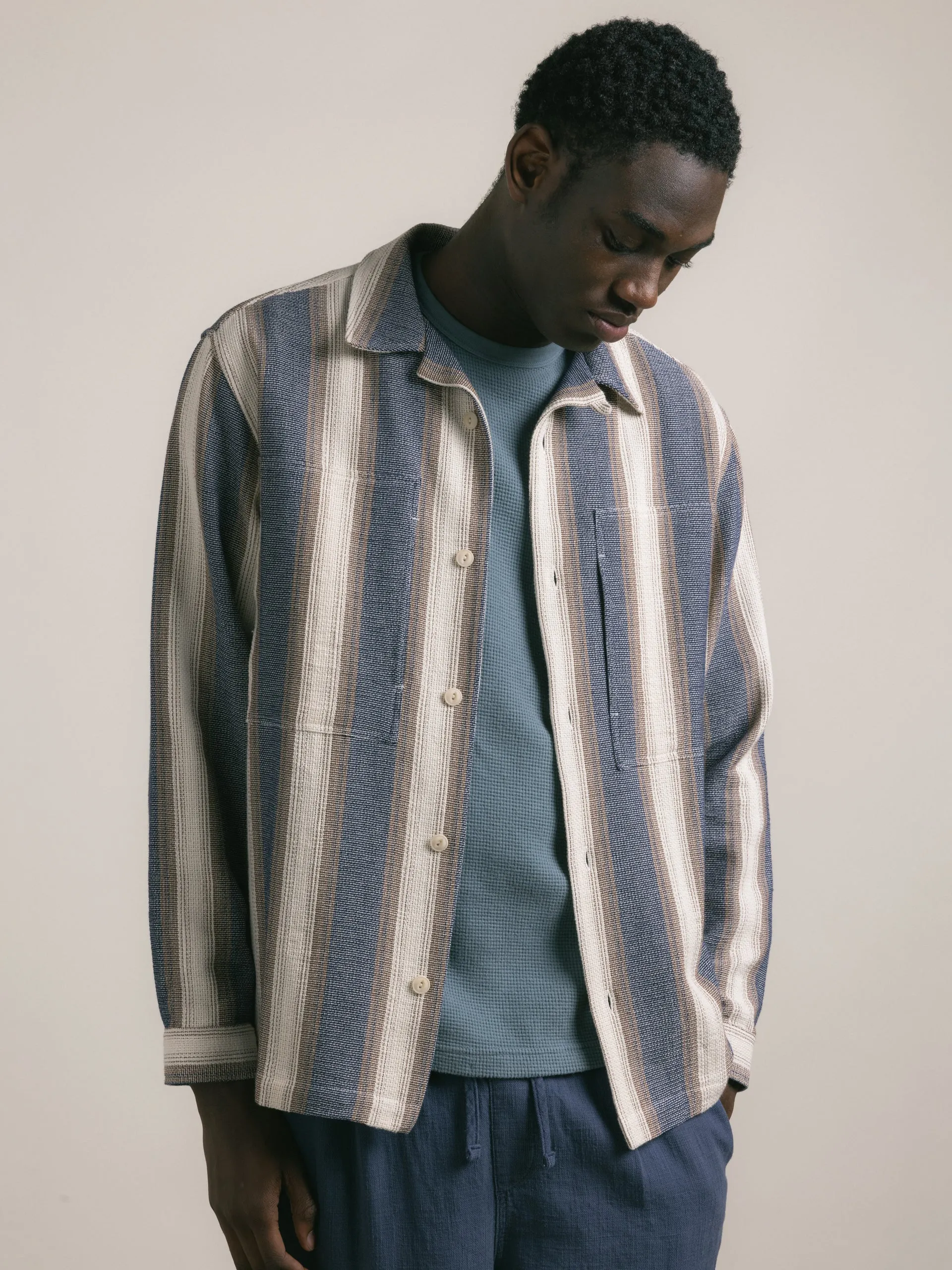 Durno Overshirt in Navy / Brown Stripe Open Weave Cotton sold by Kestin product image thumbnail 4