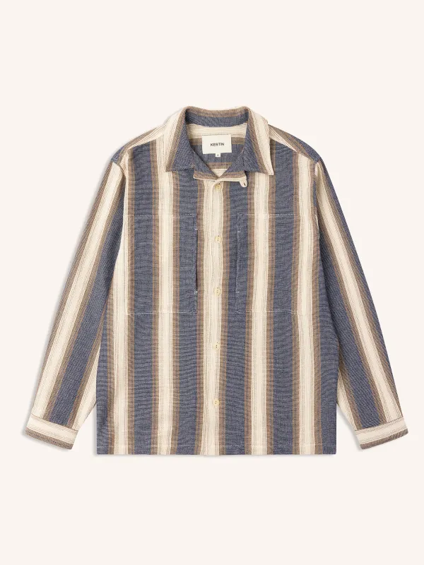 Durno Overshirt in Navy / Brown Stripe Open Weave Cotton sold by Kestin