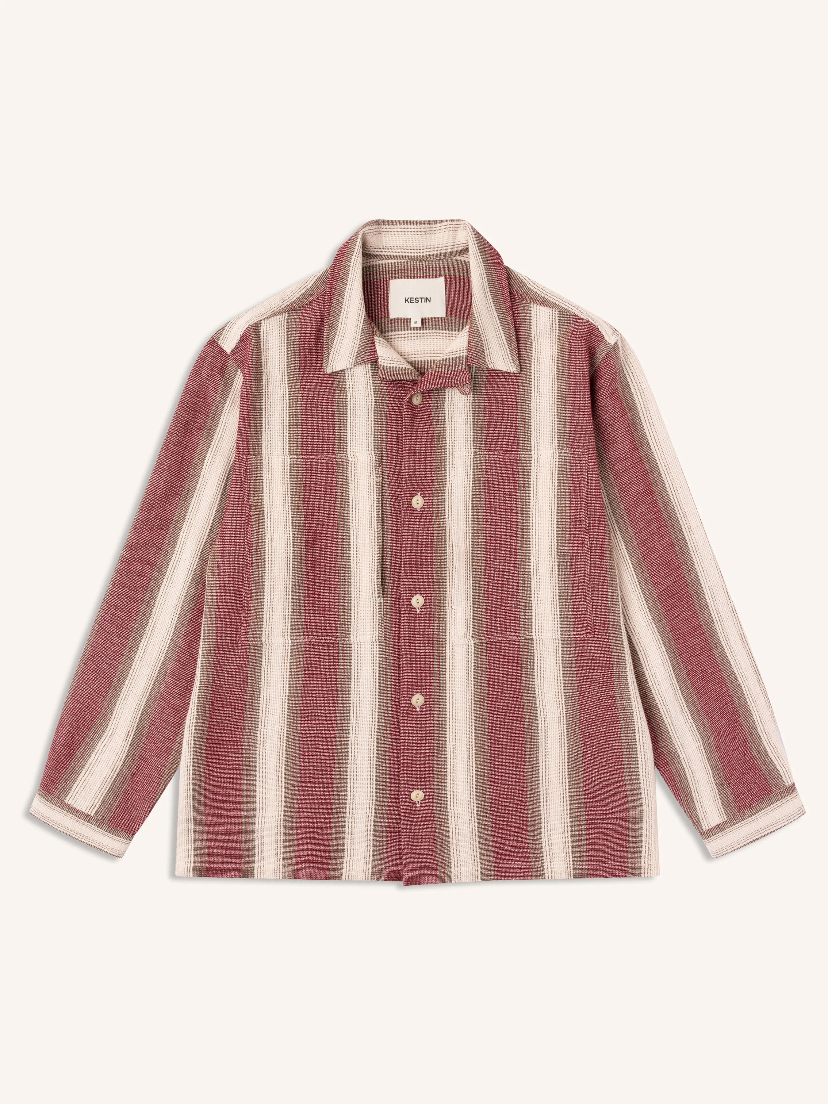 Durno Overshirt in Red / Brown Stripe Open Weave Cotton sold by Kestin