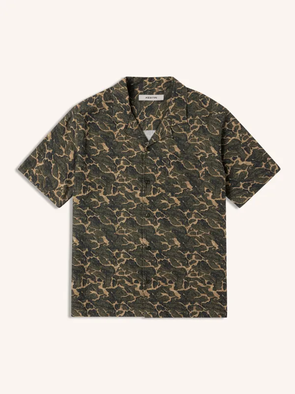Cramond Shirt in Olive Landscape Print Cotton made by Kestin