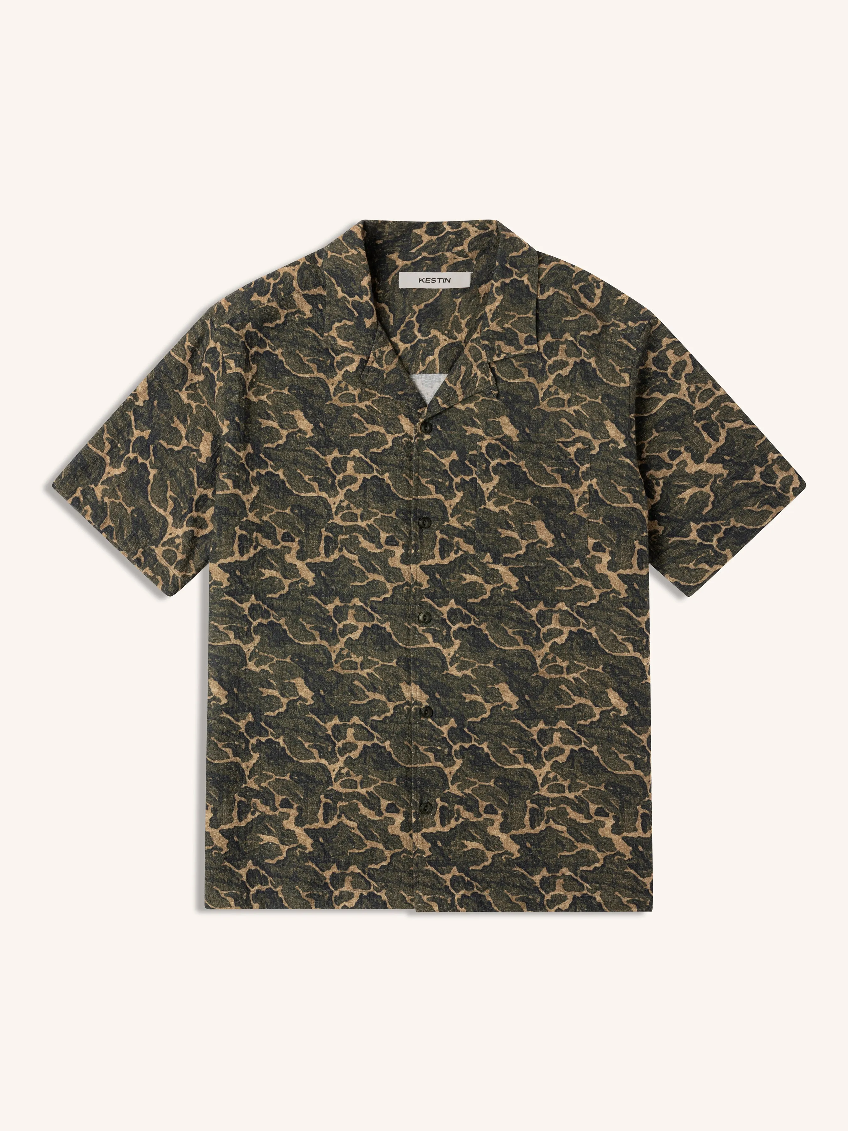 Cramond Shirt in Olive Landscape Print Cotton sold by Kestin