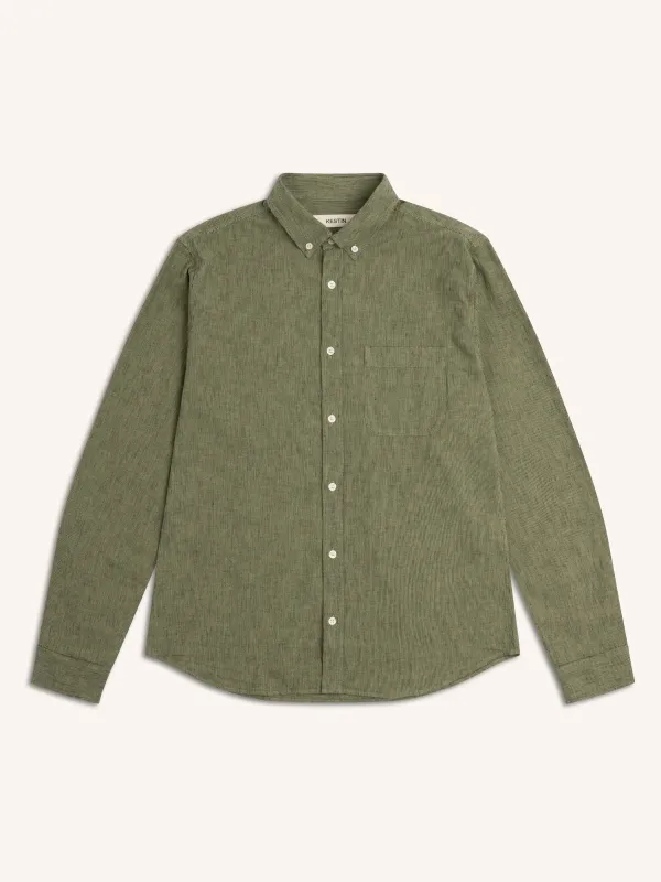 Raeburn Button Down Shirt in Green Linen Blend made by Kestin