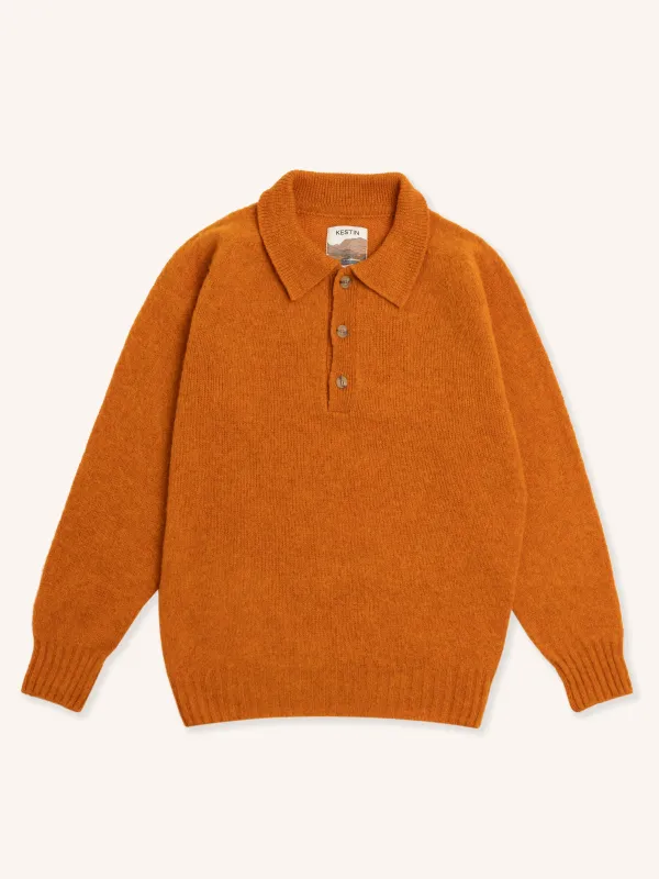 Lewis Brushed Shetland Polo in Bright Orange Lambswool made by Kestin