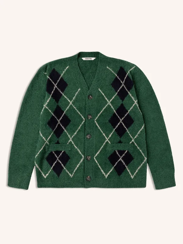 Muirfield Argyle Cardigan in Collegiate Green Organic Cotton made by Kestin