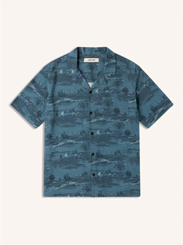 Crammond Shirt in French Blue Golf Print Cotton made by Kestin