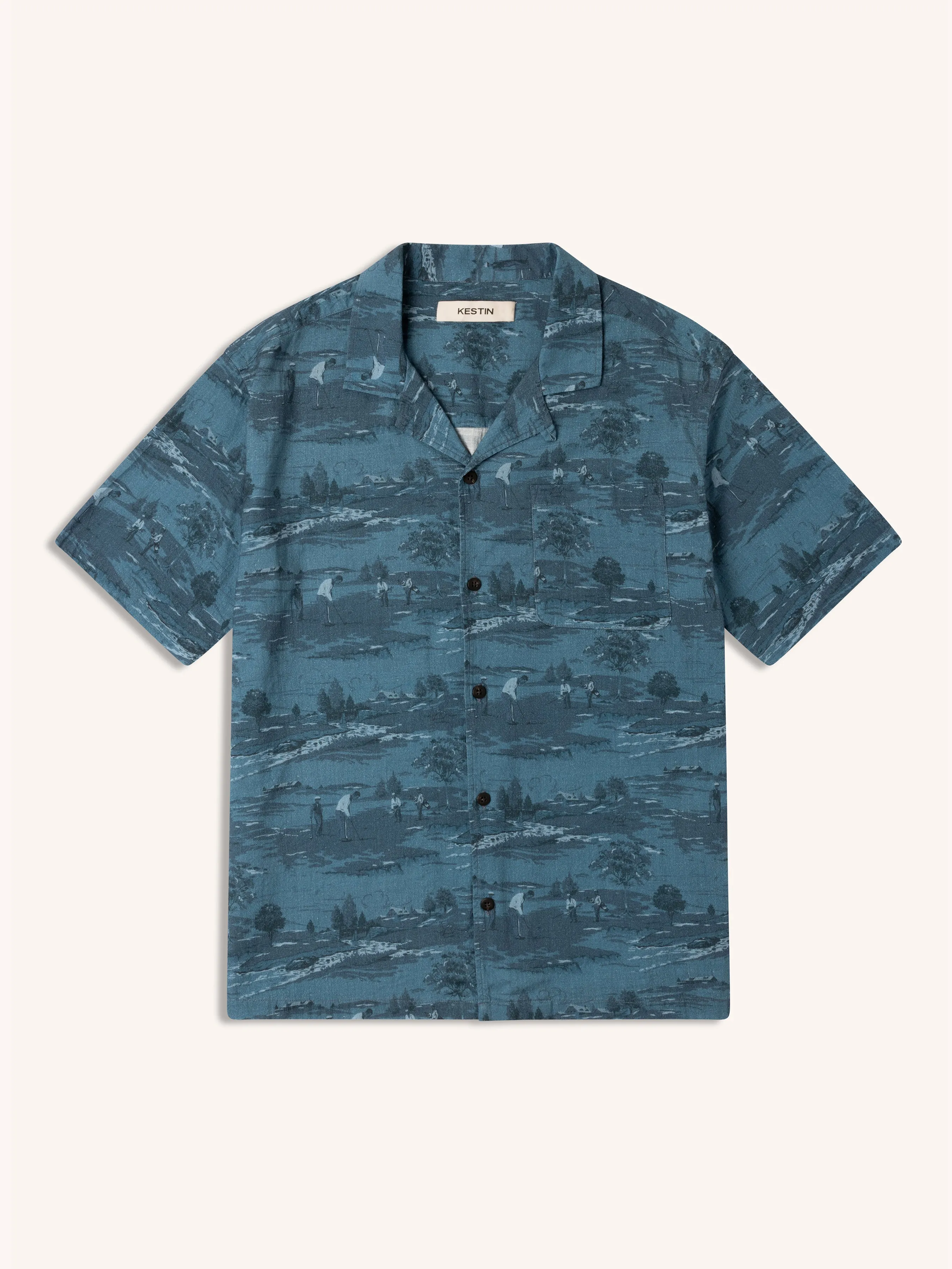 Cramond Shirt in French Blue Golf Print Cotton sold by Kestin
