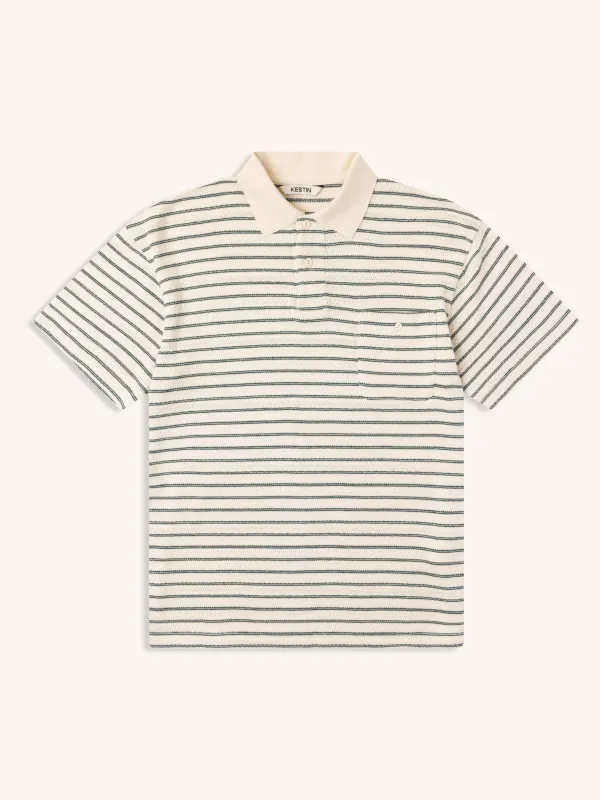 Dunn Polo in Ecru / Green Organic Cotton Knitted Stripe sold by Kestin