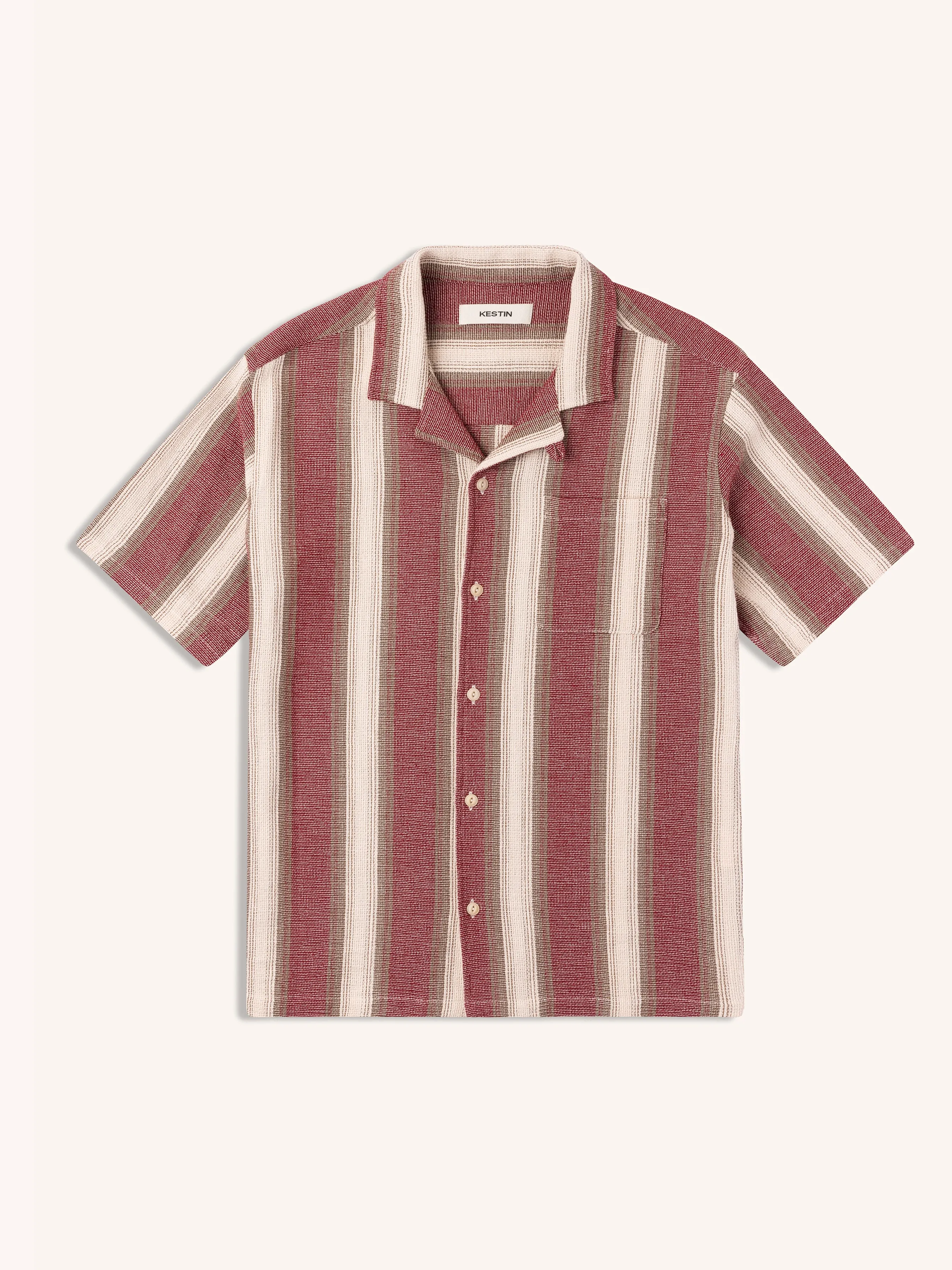 Cramond Shirt in Red / Brown Stripe Open Weave Cotton sold by Kestin
