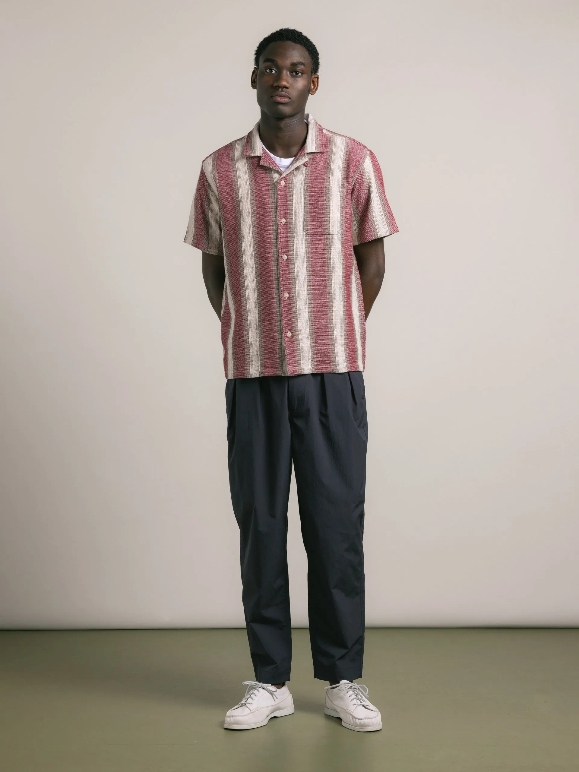 Cramond Shirt in Red / Brown Stripe Open Weave Cotton sold by Kestin product image thumbnail 2