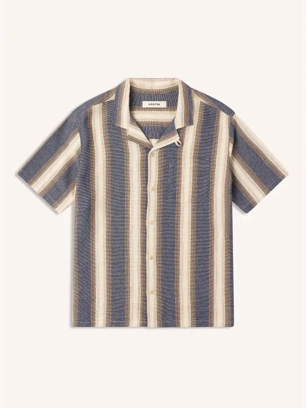 Cramond Shirt in Navy / Brown Stripe Open Weave Cotton made by Kestin