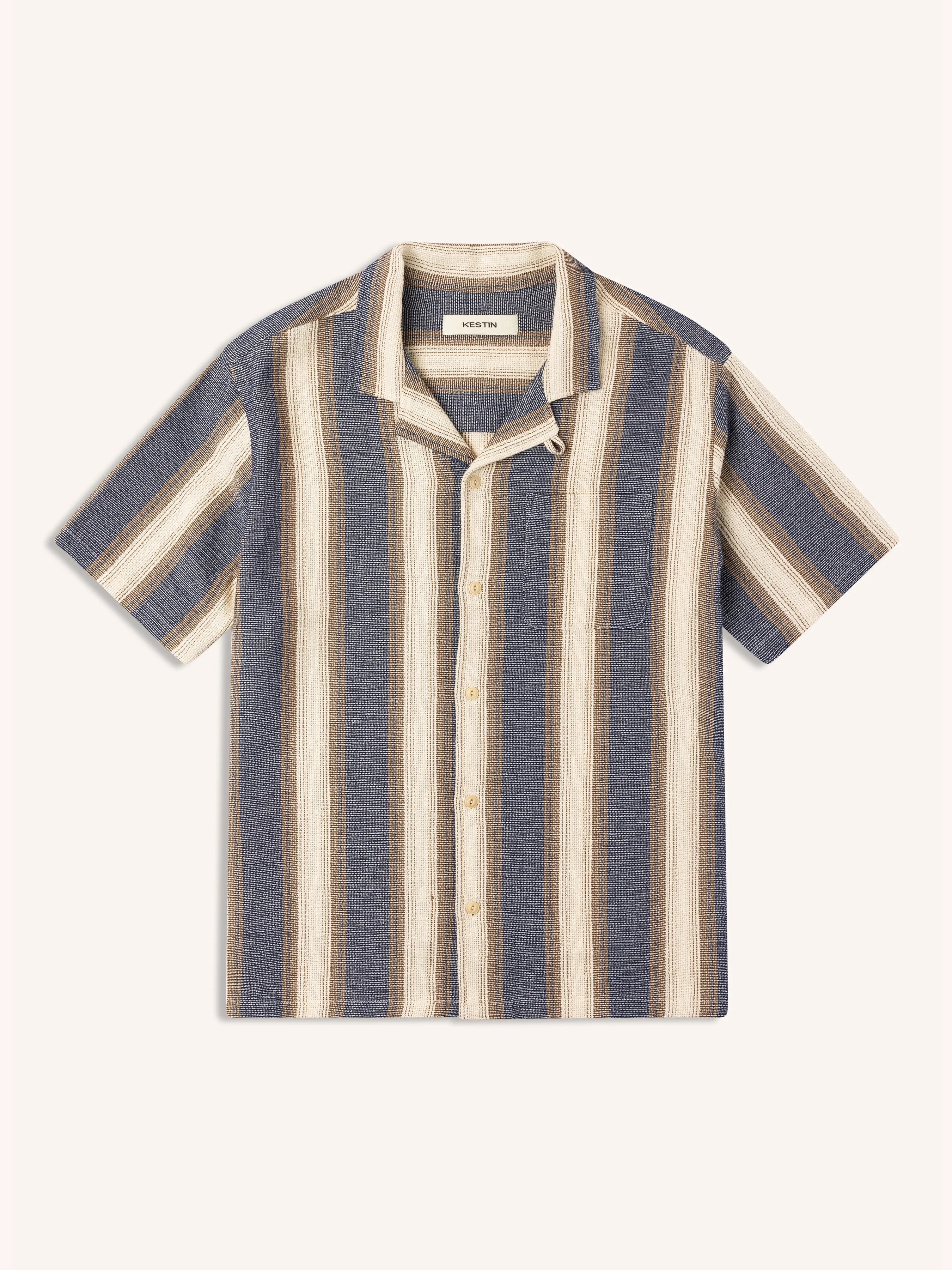 Cramond Shirt in Navy / Brown Stripe Open Weave Cotton sold by Kestin