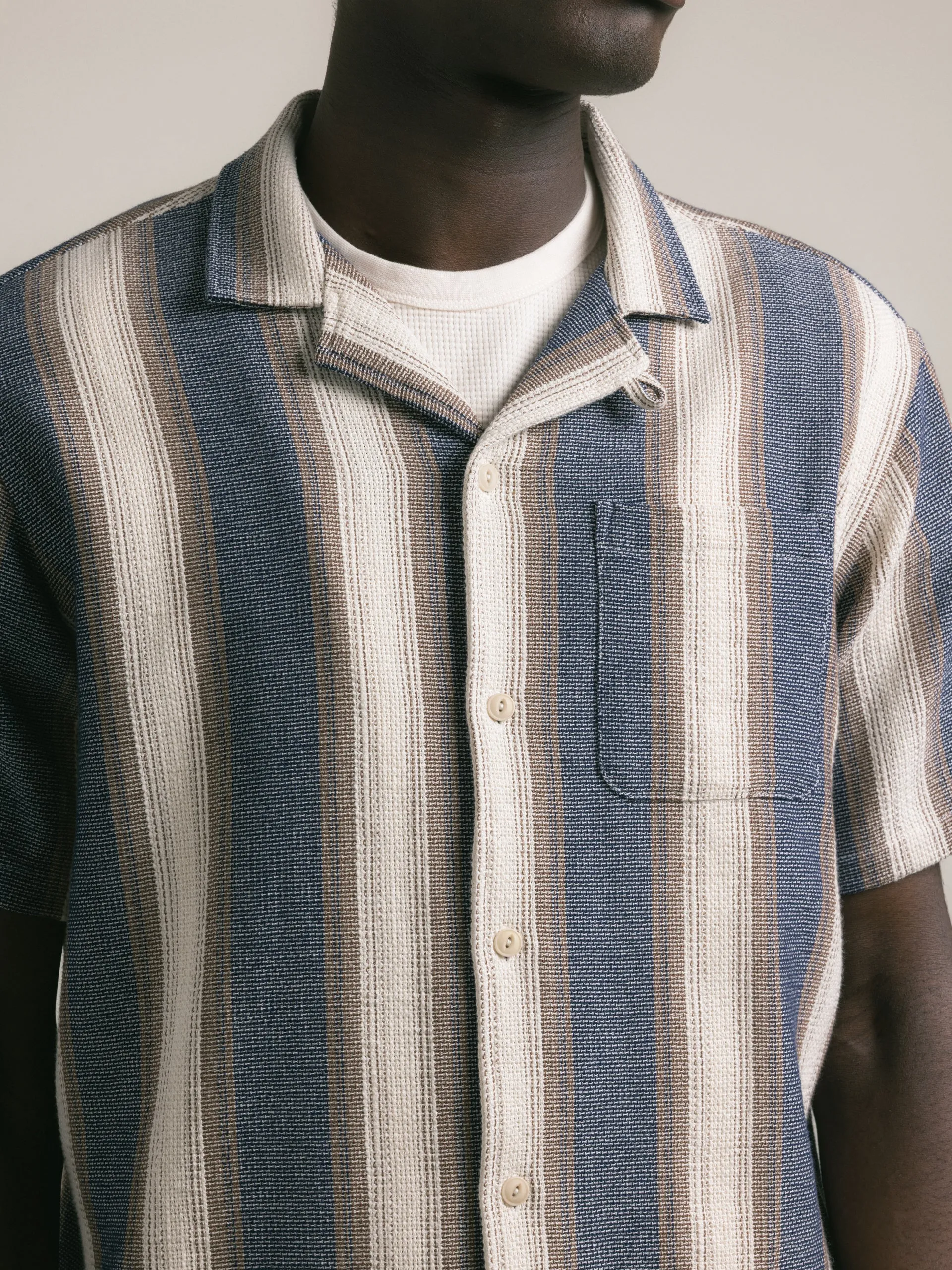 Cramond Shirt in Navy / Brown Stripe Open Weave Cotton sold by Kestin product image thumbnail 3